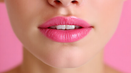 Fototapeta premium Beautiful lips with glossy pink finish, showcasing perfect shape and smooth texture, embodying essence of beauty and confidence