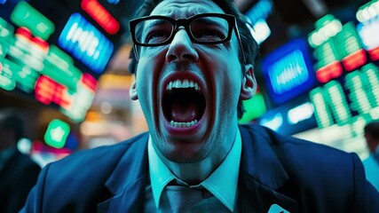 Frantic Businessman Shouting Amidst Colorful Stock Market Screens - Powered by Adobe