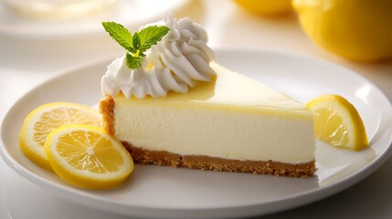 Lemon Cheesecake Slice with Whipped Cream and Mint on a Plate, Citrus Fruit