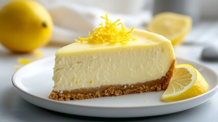 Lemon Cheesecake Slice on Plate with Zest Topping and Citrus Garnish Close Up View