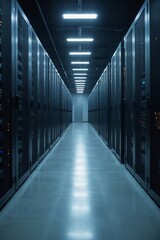Highly Secure Data Facility Interior Design: Deep Perspective View Down Central Server Aisle