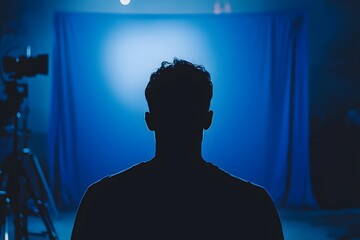 Silhouette in the Spotlight: Captivating silhouette of a person in a studio with a backdrop, creating a mysterious ambiance. Ideal for media, storytelling, and dramatic compositions.