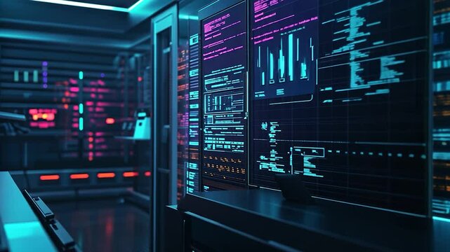 Futuristic data center with glowing screens displaying analytics and metrics