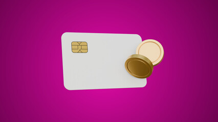 Credit card with coin on purple background. Online payment concept. Blank horizontal card mock up with coins. Purchase and shopping with card. Sending or receiving salary and finances.