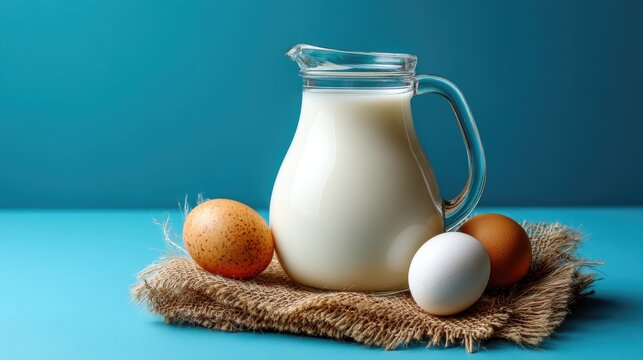 Eggs and milk pitcher on burlap cloth on a blue background. Food ingredients - Powered by Adobe