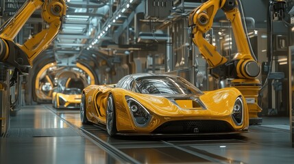 Fototapeta premium A large car factory producing high-performance sports cars, industrial robot arms working in unison, futuristic workspaces.