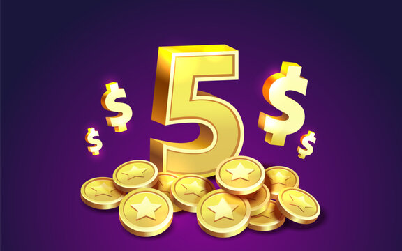 Cash back 5 dollar Percentage golden coins, financial save off. Vector illustration