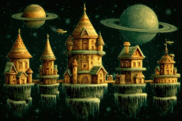 Fototapeta premium Fantasy Floating Island Cityscape with Planets in
