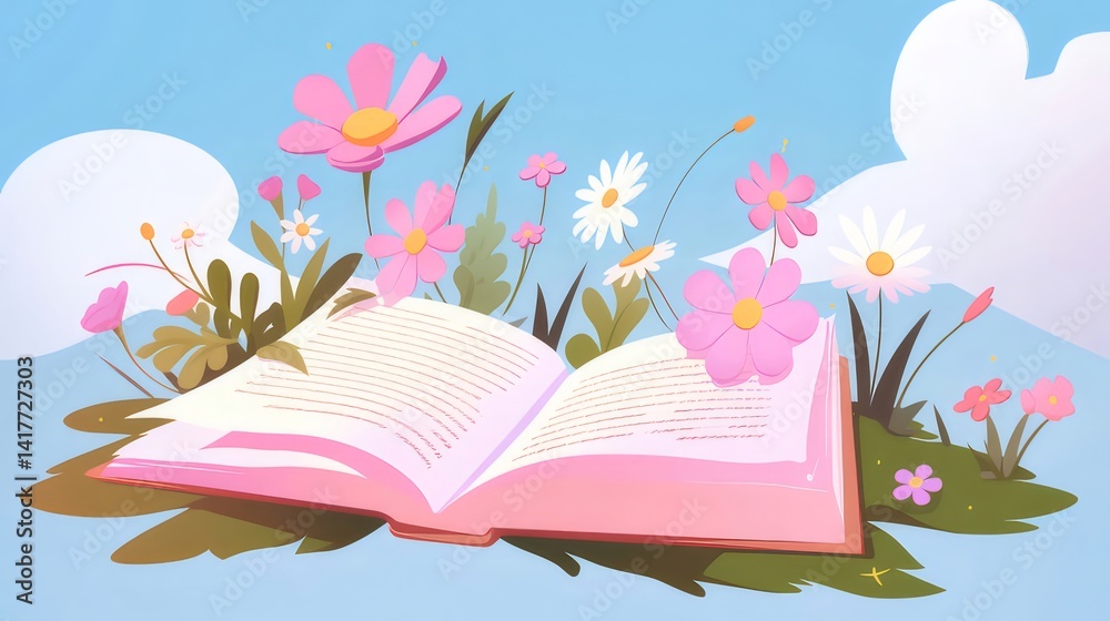 Aufkleber ピンクの花と開いた本のイラスト 青空と緑豊かな草地の背景に 夏の自然をテーマにした明るい色彩の画像
