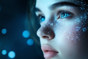 Fototapeta premium Technology and skincare merge in diverse glowing portraits with orbiting molecules