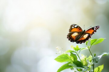 Obraz premium A vibrant monarch butterfly perched delicately atop lush green foliage in soft natural light setting