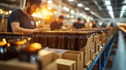 Workers packaging jars in a bright warehouse, showcasing efficient production and teamwork