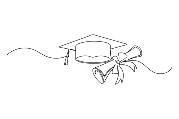 Graduation cap continuous one line drawing, Single line drawing, Linear style, isolated on a white background