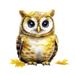 Naklejka premium Cute realistic owl with large expressive eyes and detailed feathers sitting on a white background with autumn leaves scattered around