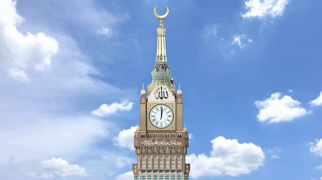 Mecca, Saudi Arabia with Abraj Al Bait (Royal Clock Tower Makkah) 
The Clock Towers, Abraj Al Bait, Mecca, Saudi Arabia. 
Mecca Clock tower time lapse animation. Kaaba al Haram