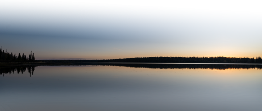 Panorama of large clam lake at sunset with partially transparent sky and water - Powered by Adobe