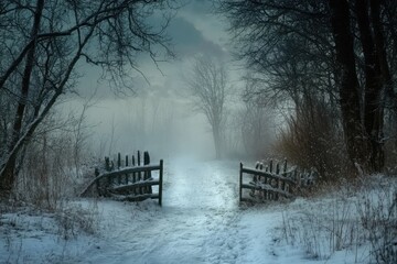 Snowy path through misty woods at night