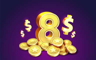 Cash back 8 dollar Percentage golden coins, financial save off. Vector illustration