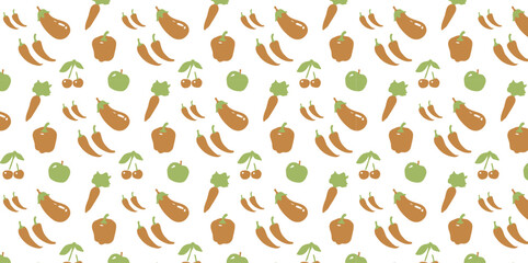 Cute Garden Vegetable Seamless Pattern Vector Design of Sketchy Eggplants, Bell Peppers, Carrots, Garlic Cloves, Apples, and Cherries