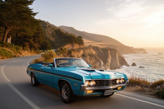 Classic car rides on scenic coastal road at sunset for freedom and adventure - Powered by Adobe