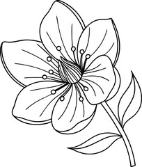 Single Line Drawing Of Blooming Flower With Stem And Leaves Illustration