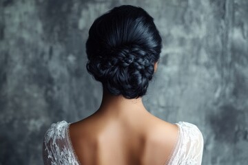 Elegant asian female with an intricate updo in lace dress viewed from behind