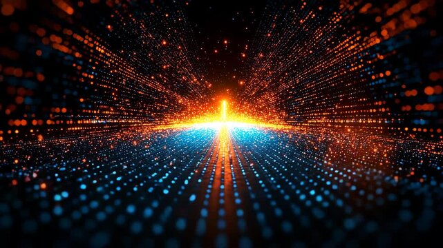 AI algorithm generating synthetic data blocks using vibrant visual patterns in a digital landscape