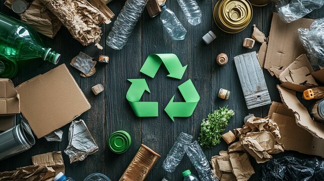 Recycled materials surrounded by various waste products on a dark wooden surface.