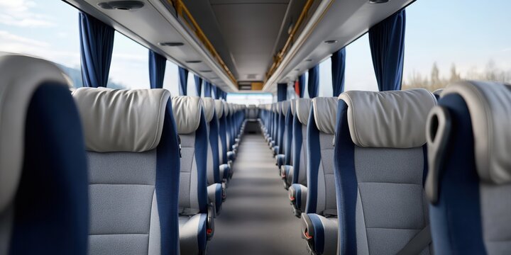 A clear interior view of a modern bus showcases neatly arranged empty seats, emphasizing contemporary design and providing a sense of spaciousness in public transport.