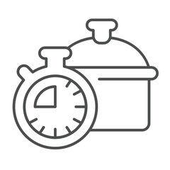 Cooking pan and clock thin line icon, culinary cooking concept. Vector graphics. Food timer with soup pot sign on white background, linear style icon for mobile or web design.