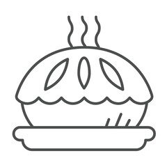 Apple pie on plate thin line icon, culinary cooking concept. Vector graphics. Hot pie with jam, bakery sign on white background, linear style icon for mobile or web design.