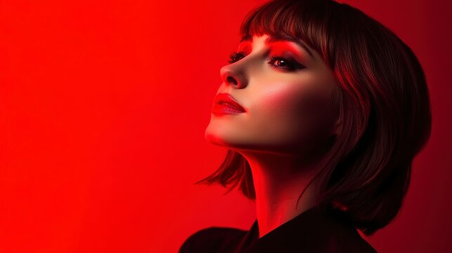 A woman with crimson lips and a bob, gazing upward, bathed in dramatic red light, a portrait of fiery confidence.
