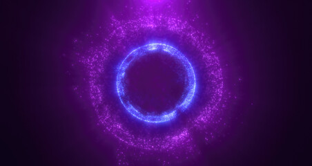 A radiant purple energy ring with glowing particles in a dark cosmic background, symbolizing futuristic technology, space, and power