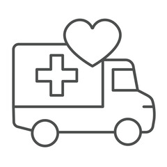 Humanitarian aid truck thin line icon, charity concept. Vector graphics. Charity vehicle with cross and heart sign on white background, linear style icon for mobile or web design.