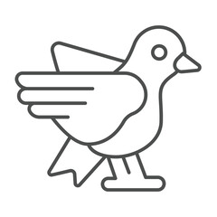 Dove bird with wings thin line icon, charity concept. Vector graphics. Pigeon bird flying animal, peace sign on white background, linear style icon for mobile or web design.