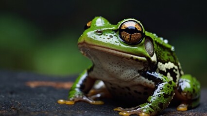 Detailed Closeup of a Green Frog with Golden Eyes Resting on a Textured Surface