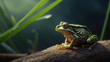 Naklejka premium Portrait of a Green Tree Frog with Beautiful Details on a Log in a Natural Habitat
