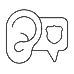 Human ear with police badge popup window thin line icon, law and order concept. Vector graphics. Police siren sound bubble sign on white background, linear style icon for mobile or web design.