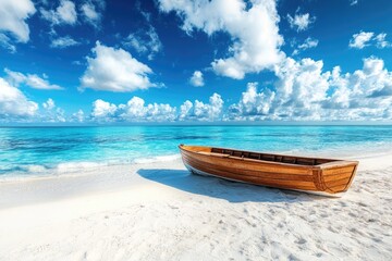 Tropical Beach Scene with Wooden Boat