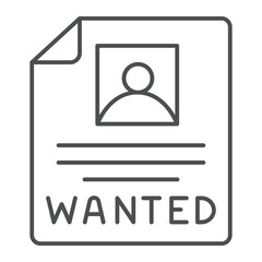 Poster paper with wanted criminal face thin line icon, law enforcement concept. Vector graphics. Bandit wanted police paper sign on white background, linear style icon for mobile or web design.