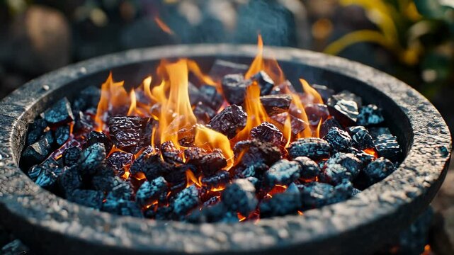Close Up View Of Burning Charcoal In A Stone Bowl With Orange Flames And Dark Background