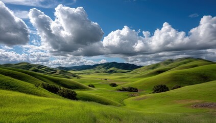 Obraz premium Rolling green hills and beautiful cumulus clouds on a sunny day for travel