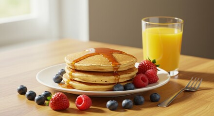 Pancakes with syrup, berries, and juice - Photo