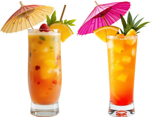 Two vibrant tropical cocktails with colorful umbrellas, garnished with fruits, on a transparent background. Perfect for summer-themed designs and beverage promotions.
