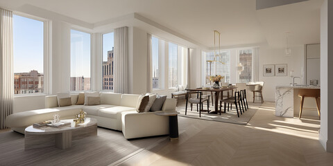 Bright, airy apartment interior showcasing a modern living and dining area with large windows, light-colored furniture, and hardwood floors, representing contemporary luxury living