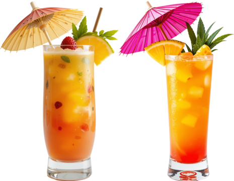 Two vibrant tropical cocktails with colorful umbrellas, garnished with fruits, on a transparent background. Perfect for summer-themed designs and beverage promotions.