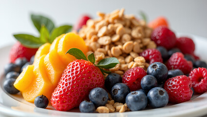 Close up of fresh berries granola and sliced mango on white plate for healthy breakfast concept