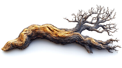Fototapeta premium Twisted branch with bare limbs isolated on white background natural textures and patterns featuring golden tones and rough bark revealing the inner beauty of the tree