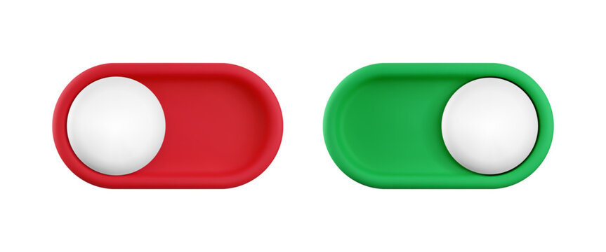 Vector cartoon 3d turn on and off switch button set. Cute realistic 3d red and green toggle switch sliders with white button. Setting toggle design element for app interface, web, game.