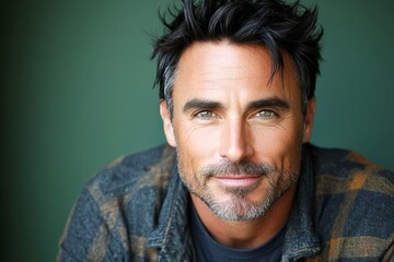 Fototapeta premium Conceptual art of style for aging men. Fashionable men's ivy league haircut - midlife white man with black hair. A charming and expressive man enjoying his portrait. Green solid background.